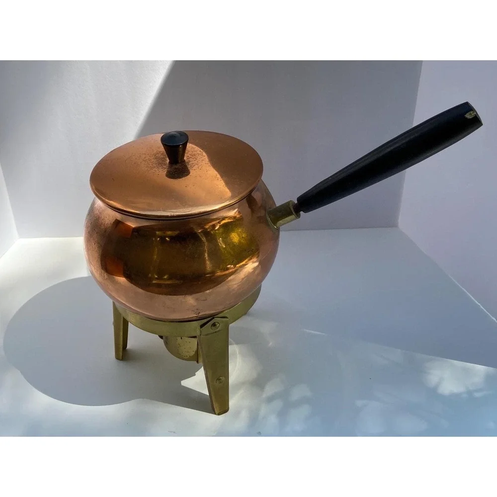 Copper & Brass Vintage Fondue Boiler Pot With Stand & Candle Holder